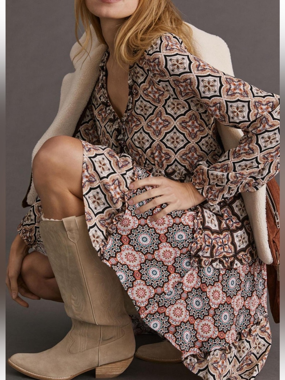 Anthropologie Multicolor Boho Patchwork V-Neck Mini Dress